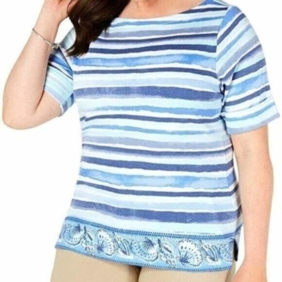NWT Karen Scott Striped Short Sleeve Top - Picture 1 of 2